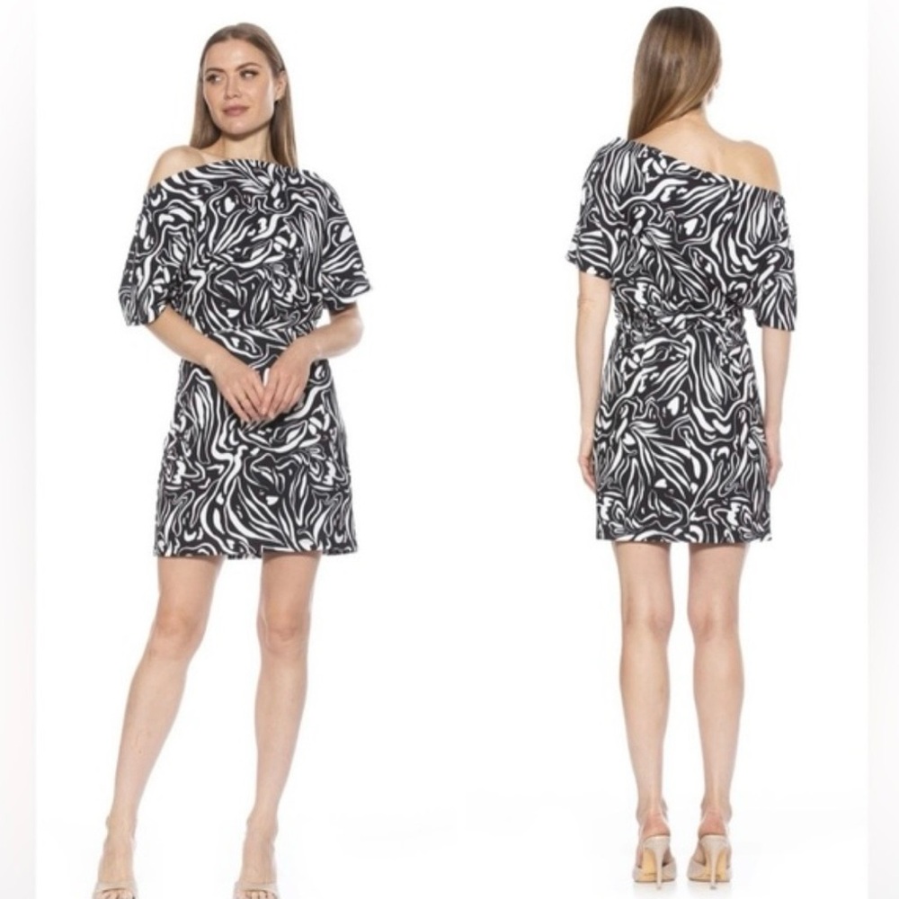 Alexia Admor Black White Suri Draped One-Shoulder Zebra Abstract Minidress Med